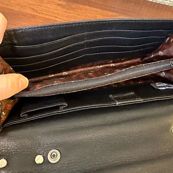 🌟7xHP🌟VTG 90s Brighton Croco Embossed Brown & Black Leather Organizer Wallet Bag - Picture 10 of 15